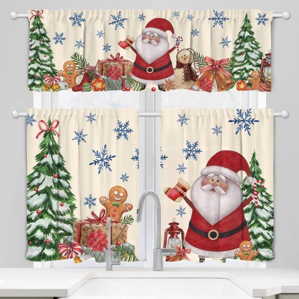 Cortinas de cozinha de natal, decorações de janela de natal, 3 pacotes, cortinas de quarto com árvore de natal, flocos de neve e decoração de papai noel