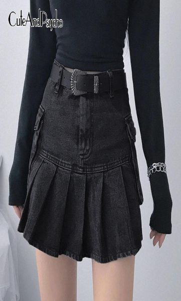 Saias dedo y2k jeans fechados mulheres academia escura moda goth preto cauda alta rok 90s bolsos coreanos bonito sapato4756616