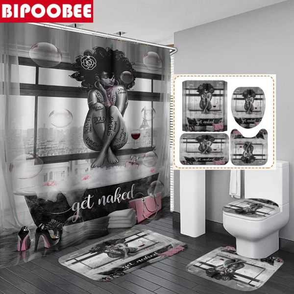 Vorhänge Get Naked Badezimmer Duschvorhang Rosa Blumen High Heels Sexy Schwarzes Mädchen Badvorleger Afroamerikaner Rutschfester Teppich Toilettenbezug