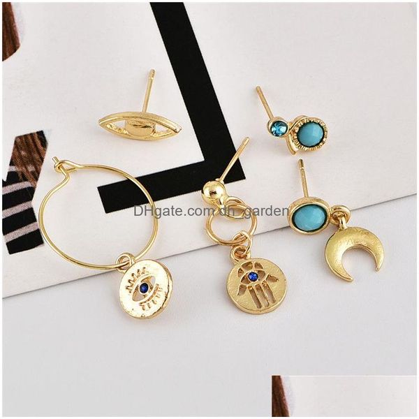 Stud New Arrival Evil Lucky Eyes Moon Brincos Set para Mulheres Bohemian Palm Hamsa Mão Resina Jóias Drop Delivery Dhyrc