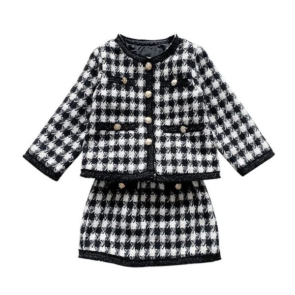 Meninas Tweed Plaid Suit Autumn Korean Fashion Plaid Elegant Small Flagrant Wind Jacket Skirt 2pcs Conjuntos 240301