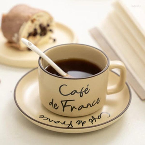 Canecas estilo coreano francês simples bege retro casal caneca criativa café leite xícaras de café da manhã 250ml xícara de chá da tarde conjunto de pires