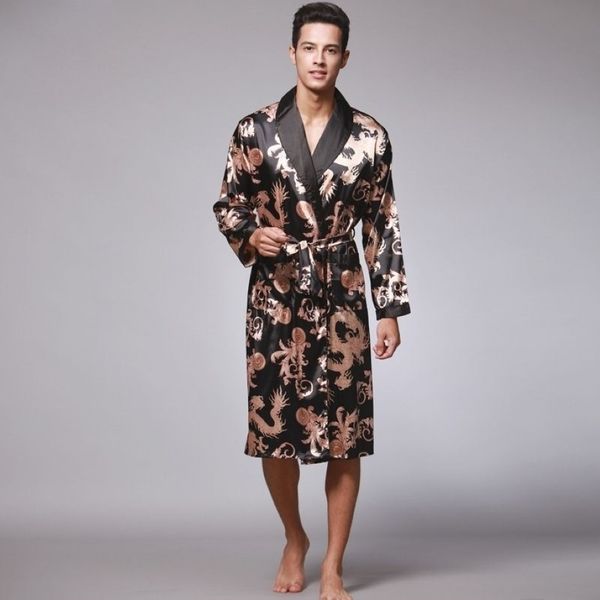 Мужской шелковый летний и осенний атласный кимоно халат Золотой Дракон длиной до колена с длинным рукавом черный банный халат халат пижамы Y20249B