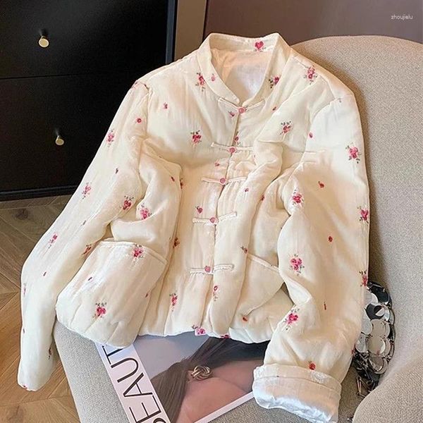 Trench da donna Albicocca Fiore floreale Kawaii Colletto alla coreana Vintage Bumber Giubbotti per donna Cappotto invernale in cotone imbottito Parka coreano