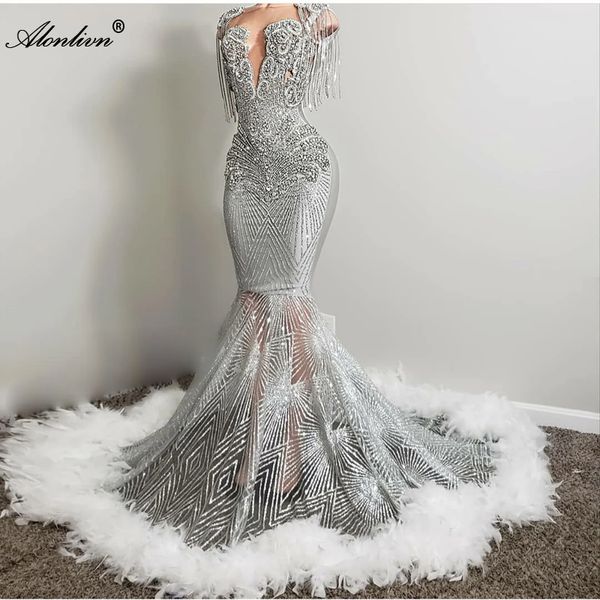 Brilhante Bling Lace Illusion O-Neck Fromal Prom Vestidos Decorados com Beading Rhinecrystals Pearls Sparking Lace Ruffled Vestidos Sereia Senhoras Vestidos de Festa de Baile