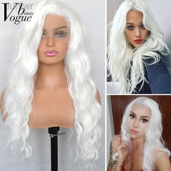 Perucas sintéticas platina branco peruca dianteira do laço sintético solto encaracolado fibra de calor natural linha fina cosplay para mulher ldd240313