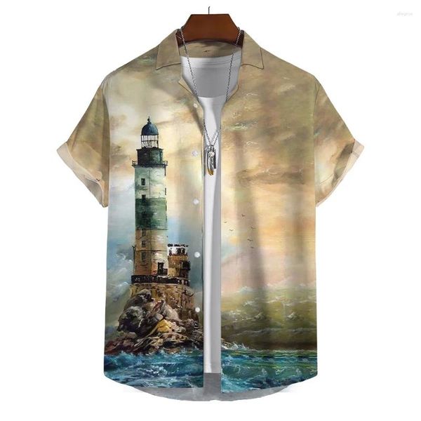 Camicie casual da uomo Camicia estiva per uomo Faro Stampato in 3D S Abbigliamento Allentato Oversize Beach Party Top a maniche corte Hawaii Sweatshi