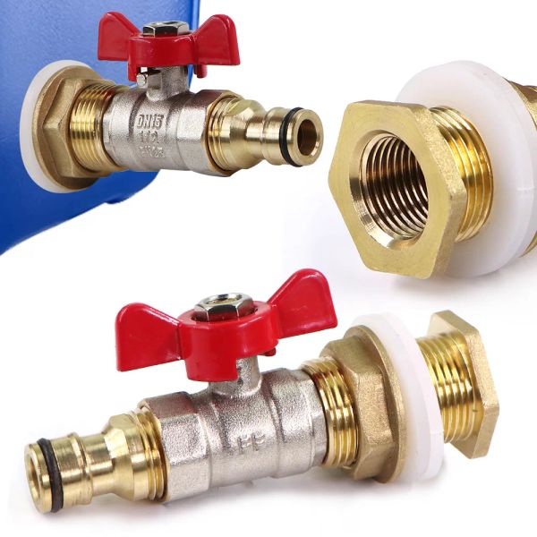 Conectores 16mm Válvula de esfera de latão Junta do tanque de água Conector rápido Adaptador de irrigação de jardim para tanque de peixes Filtro embutido Arruela de borracha