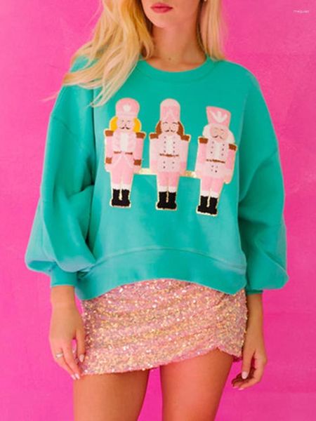 T-shirt da donna Felpa a maniche lunghe da donna Casual caldo girocollo con paillettes Personaggio dei cartoni animati Pollover Top per l'inverno Autunno Natale