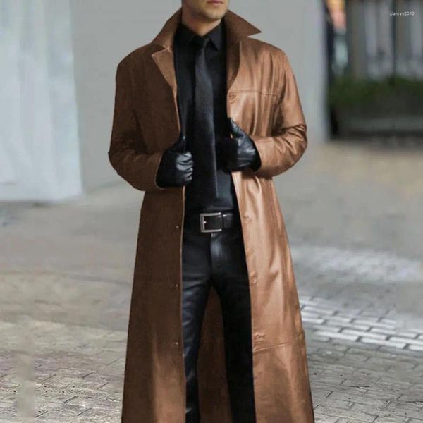 Casacos masculinos de couro falso casaco longo elegante com gola virada para baixo design à prova de vento fino ajuste streetwear para homens