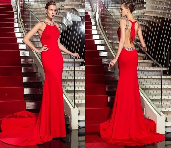 Бальные платья Элегантное красное вечернее платье с открытой спиной и бусинами со складками длиной до пола, шифоновые платья для выпускного вечера Tie Gala Vestidos De Noiva
