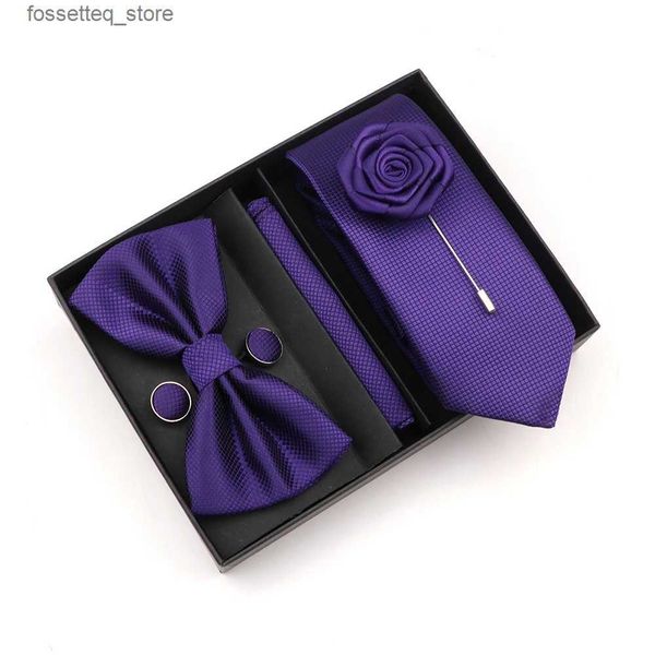 Gravatas de pescoço cor sólida slim xadrez gravatas conjunto com caixa roxo rosa bowties lenços broches abotoaduras para acessórios de terno de casamento presentes l240313