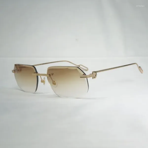 Óculos de sol vintage diamante corte sem aro homens oculos pochromic lente mulheres sombra metal quadro claro óculos gafas com caso