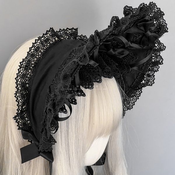 Chapéu de empregada Lolita Bonnet Cap Lace Preto Gótico Vintage Menina Jovem 240227