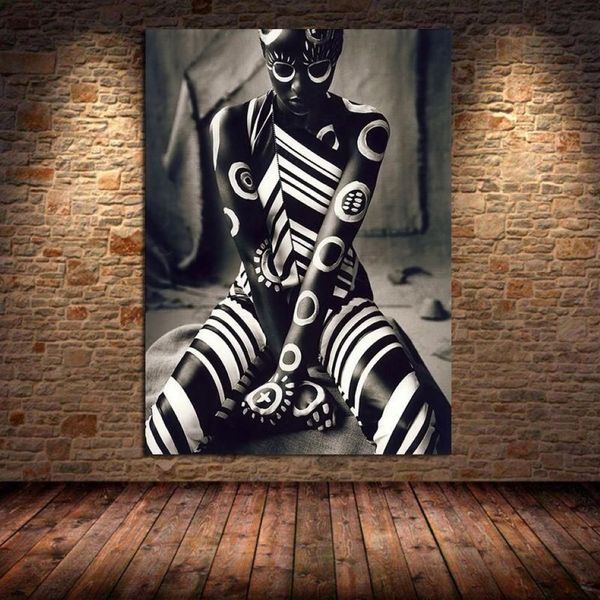 Tätowierte afrikanische Frau Leinwand Malerei Poster und Drucke einzigartige Figur Wandkunst Bilder für Wohnzimmer Home Decor ungerahmt Pain225O