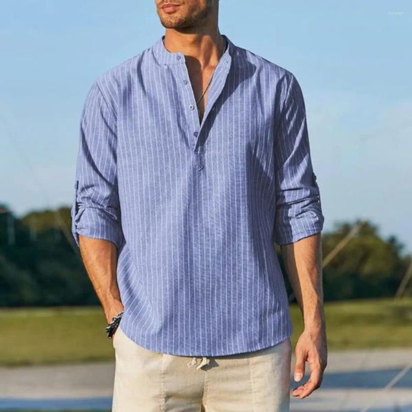 Camicie casual da uomo Camicia con stampa a righe da uomo elegante con colletto rialzato dettaglio gemelli top primaverile autunnale per uno stile confortevole