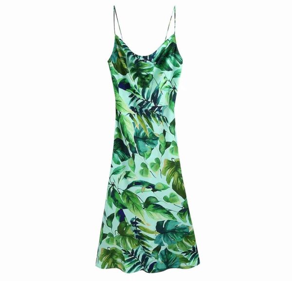 Mulheres Tropical Rainforest Impresso Verão Spaghetti Strap Dress Vintgae Elegante Backless Side Slit Camis Vestido Para Férias 2105218476468