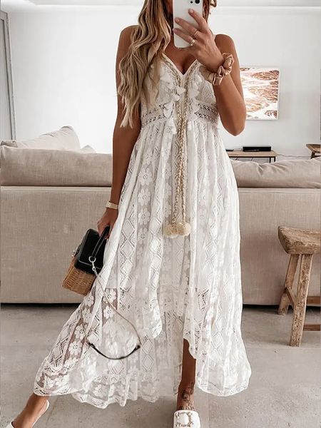 Bohem elbise bayan yaz maksi elbise kadın omuz tatil dantel v yaka İtalyan spagetti omuz kayışları sundress beyaz elbise vestidos de mujer 240313