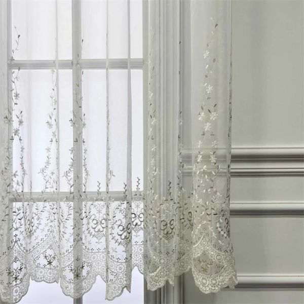 Cortinas coreano pastoral floral folha malha bordado sheer tule cortinas para sala de estar quarto janela voile tecidos