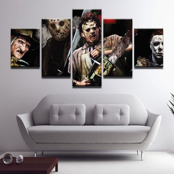 5 Pezzi Tela Pittura Horror Saws Personaggi del film Stampe HD Poster Immagine di arte della parete arredamento della camera senza cornice261q