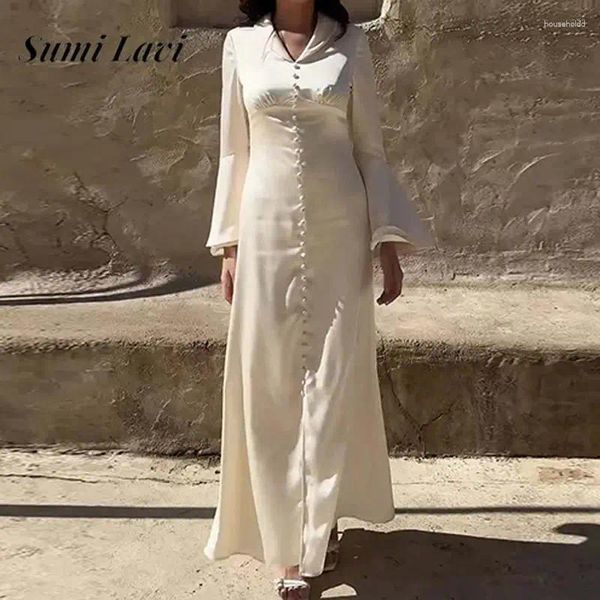 Lässige Kleider Französisch Solid White Satin Slim Fit Kleid Mode Revers Einreiher Split Herbst Damen Flare Sleeve Tailliert Lang