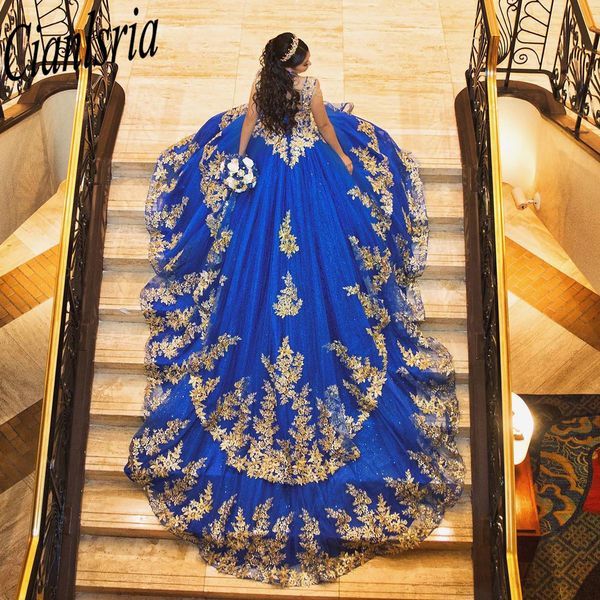 Sparkly azul real princesa vestido de baile vestidos quinceanera 2024 apliques querida lantejoulas vestidos de 15 anos gala