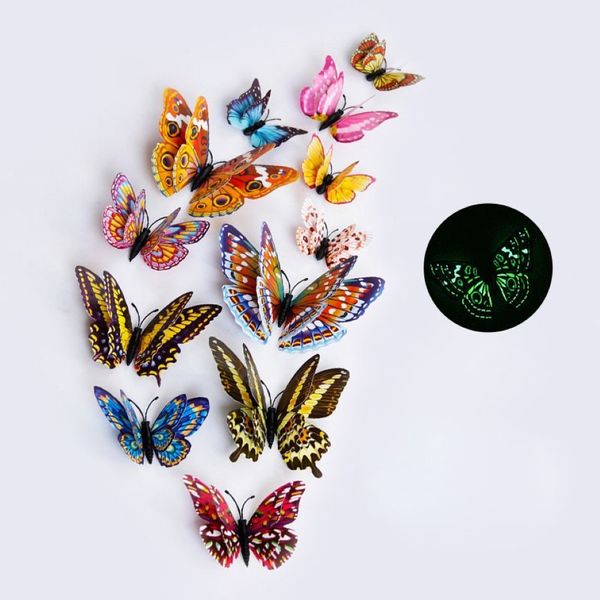 12pcs Definir adesivos de parede de borboleta 3D luminosos multicoloros