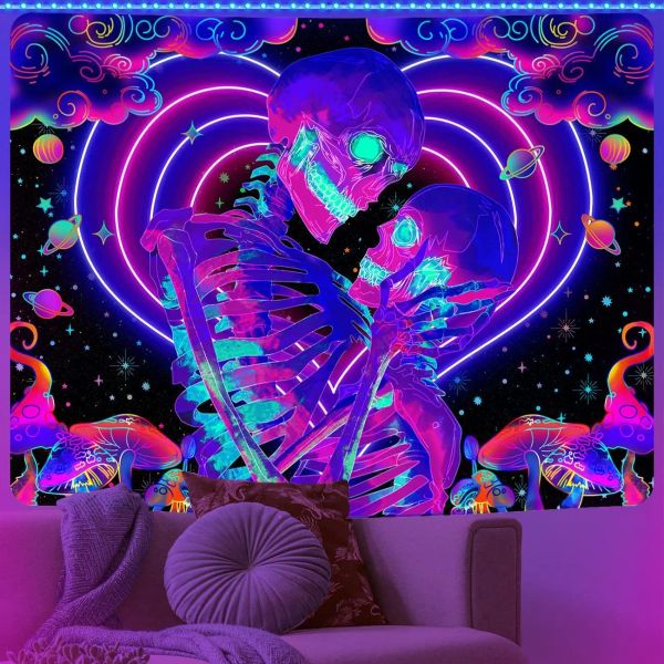 Caixas Black Light Tapestry UV Reativo Psicodélico Crânio Parede de Cogumelo Happendo Tapestry Hippie para Decoração de Tarô do dormitório do quarto