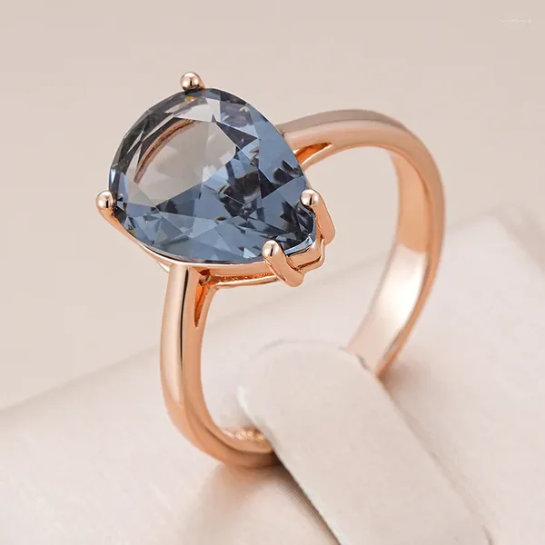 Anéis de cluster Kinel simples gota de água cinza cristal mulheres anel 585 rosa cor de ouro natural zircão acessórios de alta qualidade diariamente jóias finas