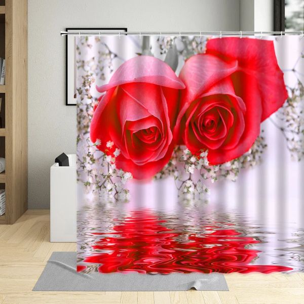 Vorhänge, 3D-Pflanzenblumen, Duschvorhang, bunte Rosenblume, Gypsophila, Wasseroberfläche, Bild, Badezimmer, wasserdichter Stoff, Heimanzug mit Hoo