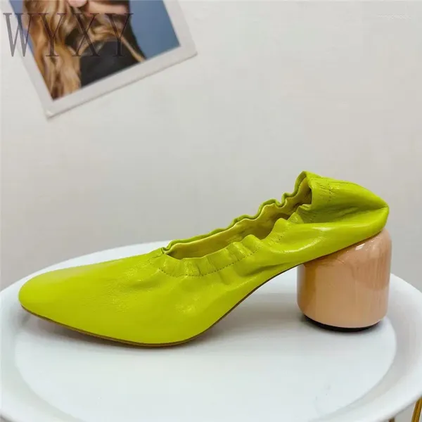 Sapatos de vestido primavera 2024 redondo salto de madeira mulheres alta pontiaguda festa moda lazer couro genuíno única mulher