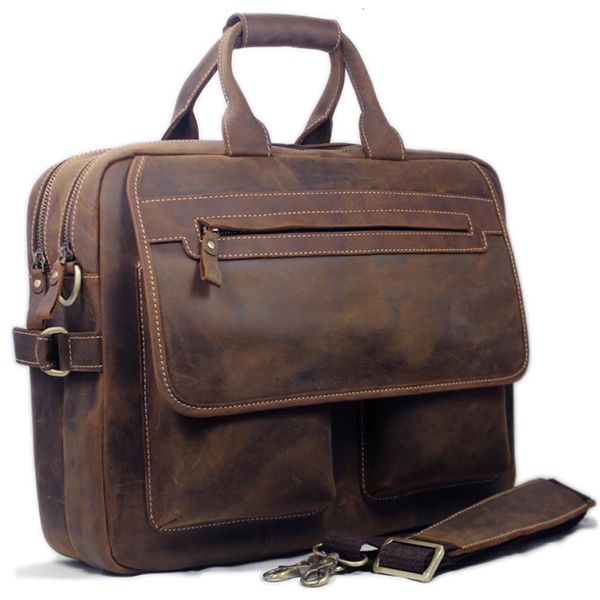 Vintage Herren Leder Aktentasche Tote Business Tasche Crazy Horse Echtes Portfolio Herren Aktentasche männlich 15 Laptop Büro 240313