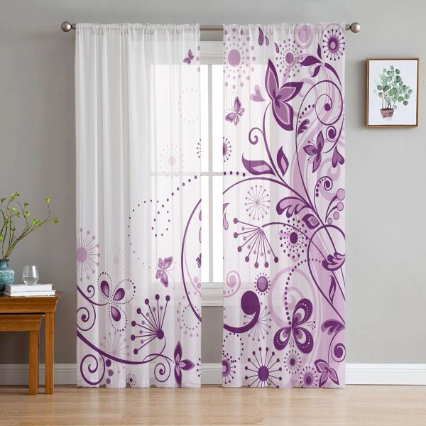 Шторы цветы бабочки ветки фиолетовые белые тюлевые шторы для украшения гостиной шифоновая прозрачная вуаль занавеска для кухни и спальни