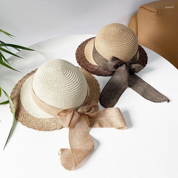 Cappelli a tesa larga 2024 Cappello di paglia per le donne Moda Grande fiocco Nastro Protezione solare estiva Protezione solare da viaggio all'aperto Regali da spiaggia