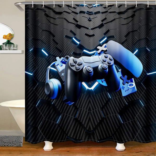 Cortinas gamer cortina de chuveiro moderno console controlador jogo banheiro meninos criativo legal preto cinza jogos gamepad banho decoração conjunto