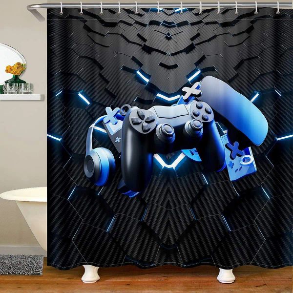 Perdeler Gamer Duş Perdesi Modern Konsol Oyun Kontrolörü Banyo Boys Yaratıcı Serin Siyah Gri Oyun Gamepad Bath Dekor Set