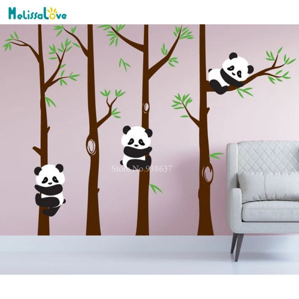 Наклейки на стену с изображением панды и дерева, наклейка на стену с милой пандой для детской комнаты, 4 бамбуковых дерева, лес, настенный художественный постер BB052