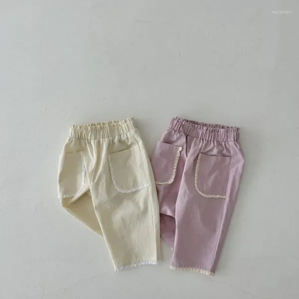 Pantaloni Coreani Abbigliamento per bambini Pantaloni larghi per ragazze Moda primaverile Versatile tubo dritto Tasca cargo in pizzo casual