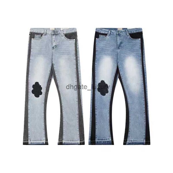 Trendy High Street Erkek Kot Pantolon Moda Tasarımcı Kot Mavi Denim Pant Pantolon Gençlik Perçin Baskı Yaması Beyaz Jean Nakış Boysu Kecks