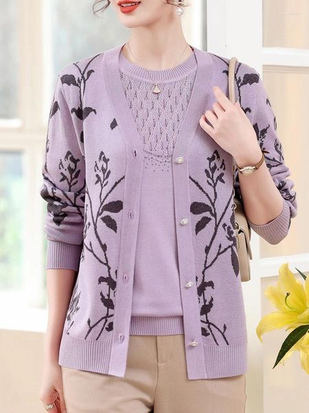 Conjunto de duas peças de malha feminina com estampa floral, suéter feminino primavera outono mãe pull femm camiseta cardigã terno para