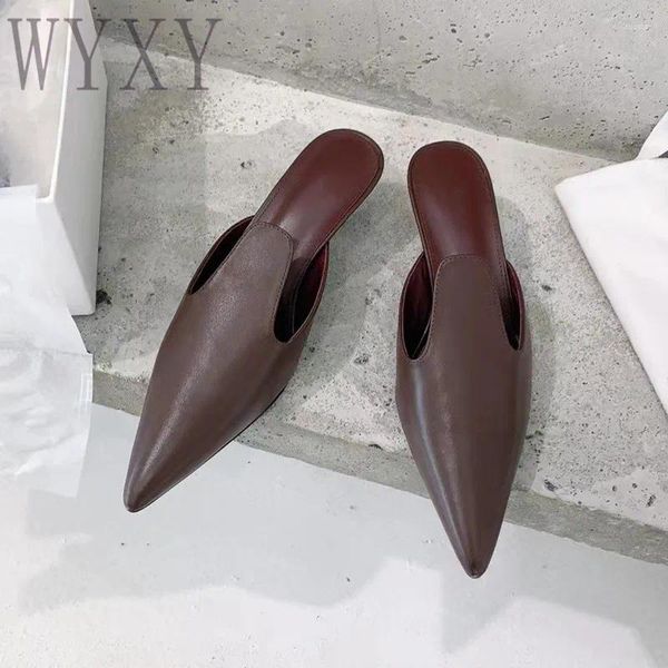Весенние тапочки из натуральной кожи, женские тапочки с острым носком на тонком каблуке, лаконичный стиль, удобные модные винтажные тапочки Baotou 2024