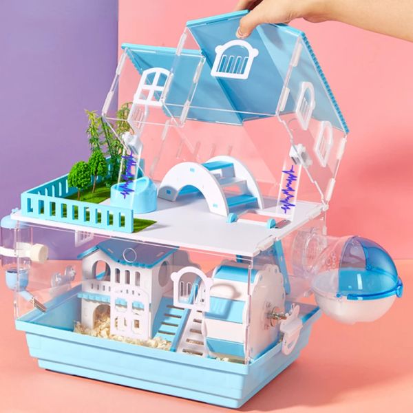 Käfige 2 Schicht transparente Hamster Käfig Acryl Kleintier Igel Igel Guinea Pig Villa Verpackung Vorräte Spielzeugset Geschenke für Kinder