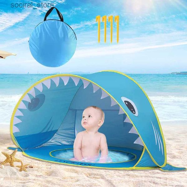 Barracas de brinquedo Tenda de praia com proteção UV Tenda portátil Tubarão Bebê Sun Shelter Pop Up com piscina para brinquedo infantil ao ar livre Verão Criança Natação Play House L240313