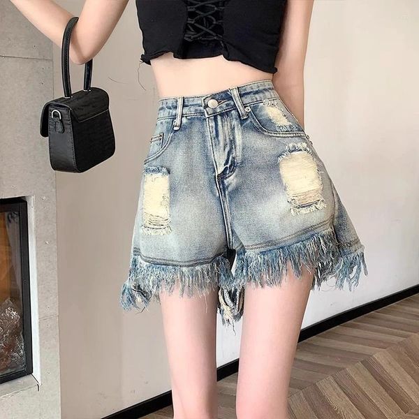 Calças de brim femininas retro buracos quebrados serapilheira de cintura alta denim shorts feminino verão solto fino calças retas uma palavra perna larga