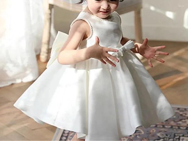 Abiti da ragazza Abito a fiori in raso bianco per matrimonio O-collo gonfio avorio con fiocco Abiti da ballo per principessa prima comunione per bambini compleanno