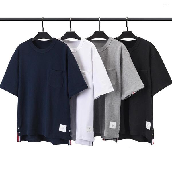 Homens Camisetas T-shirt Marca Gola Redonda Algodão Listrado Quatro Barras Versão Coreana De Absorção De Suor Lazer Mangas Curtas