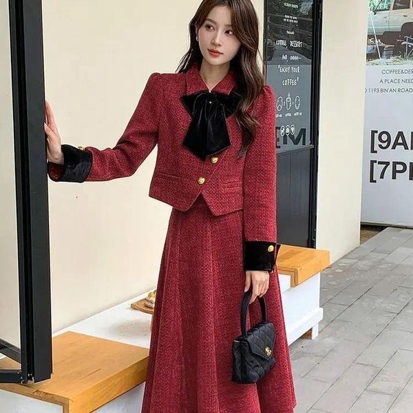 Vestido de duas peças feminino terno de lã jaqueta saia outono e inverno estilo coreano senhora de alto estilo elegante casaco curto longo conjunto de duas peças