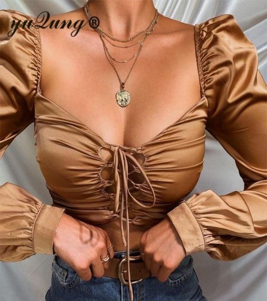 YuQung Vintage Donna Lace Up Lucido Raso di Seta Camicette Corte Camicia Puff Manica Lunga Collo Quadrato Crop Top Marrone Streetwear 2103179400387