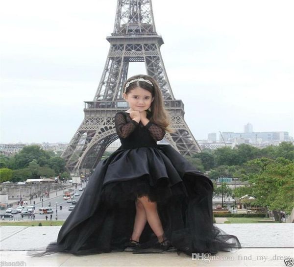 Tulle manica lunga 2019 New Black High Low Style Ball Gown Flower Girl Dress Comunione Festa di nozze Principessa Spettacolo Corto davanti L6784540