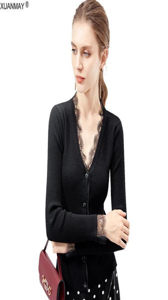 Primavera women039s cardigan suéter preto sexy camisola de malha fina cardigan elegante senhoras rendas guarnição botão cardigan topos feminino 2015032715